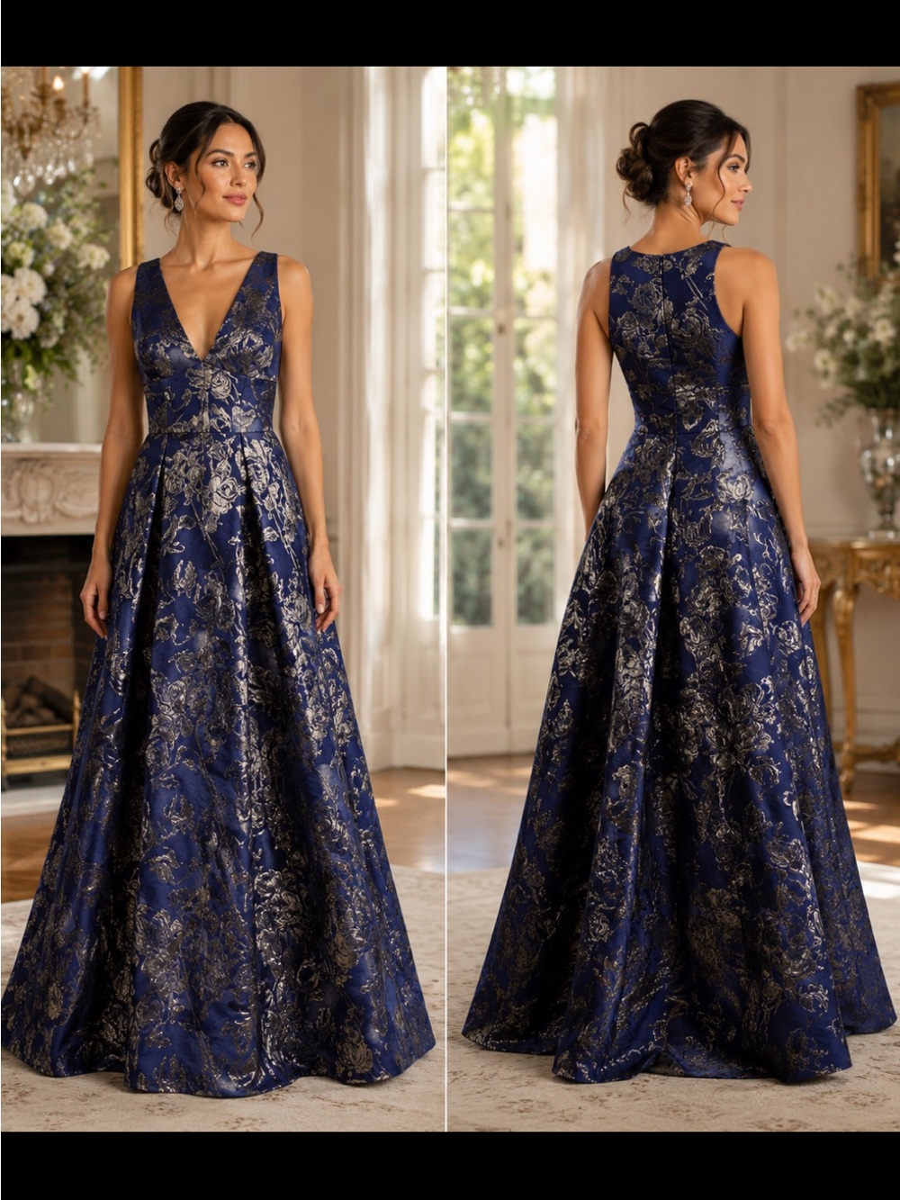 Aidan Aiden Mattox jacquard fit and flare sleeveless V-Neck long gown